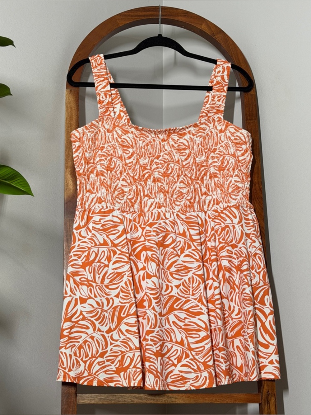Lands’ End 18 Smocked Swim Dress Swimsuit in Orange Mini Tropical Leaves NEW